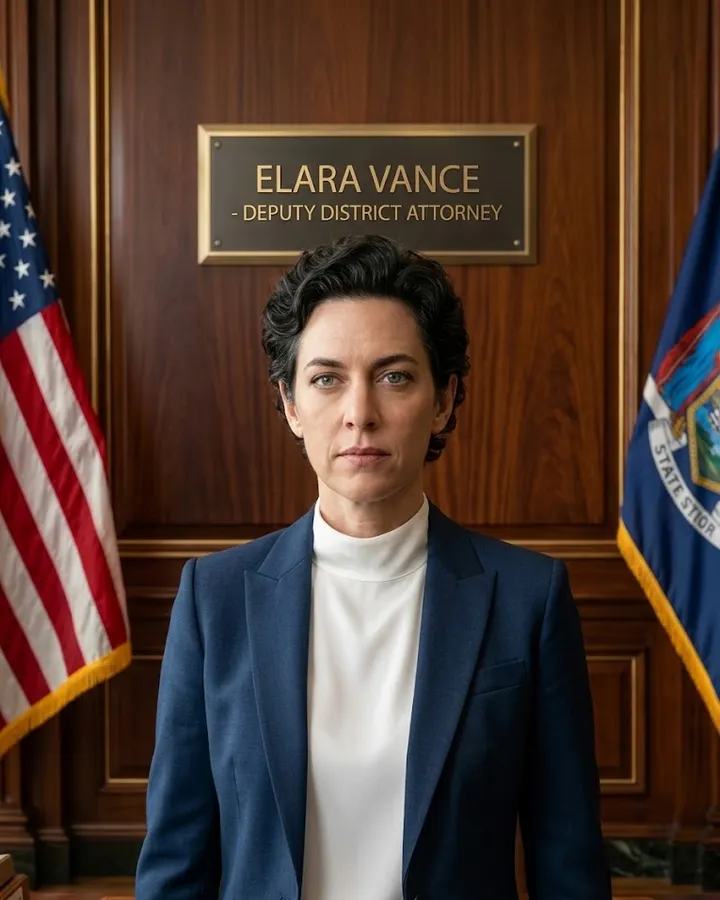 An attorney in a dark suit standing in a courtroom beside her nameplate and two flags.