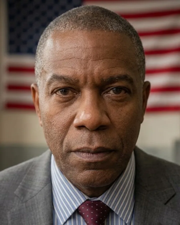 An attorney in a grey suit in a records office, a flag behind him.