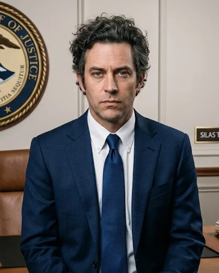 An attorney in a blue suit standing at a case-file-covered desk beneath a Department of Justice seal.