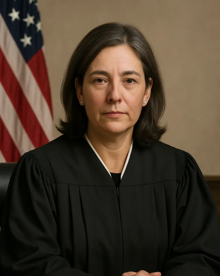A judge in black robes seated at the bench with her hands folded, a flag behind her.
