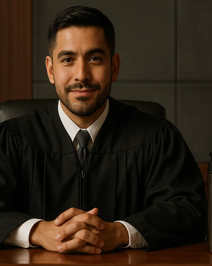 A judge in black robes seated at the bench in a wood-panelled courtroom, hands clasped.