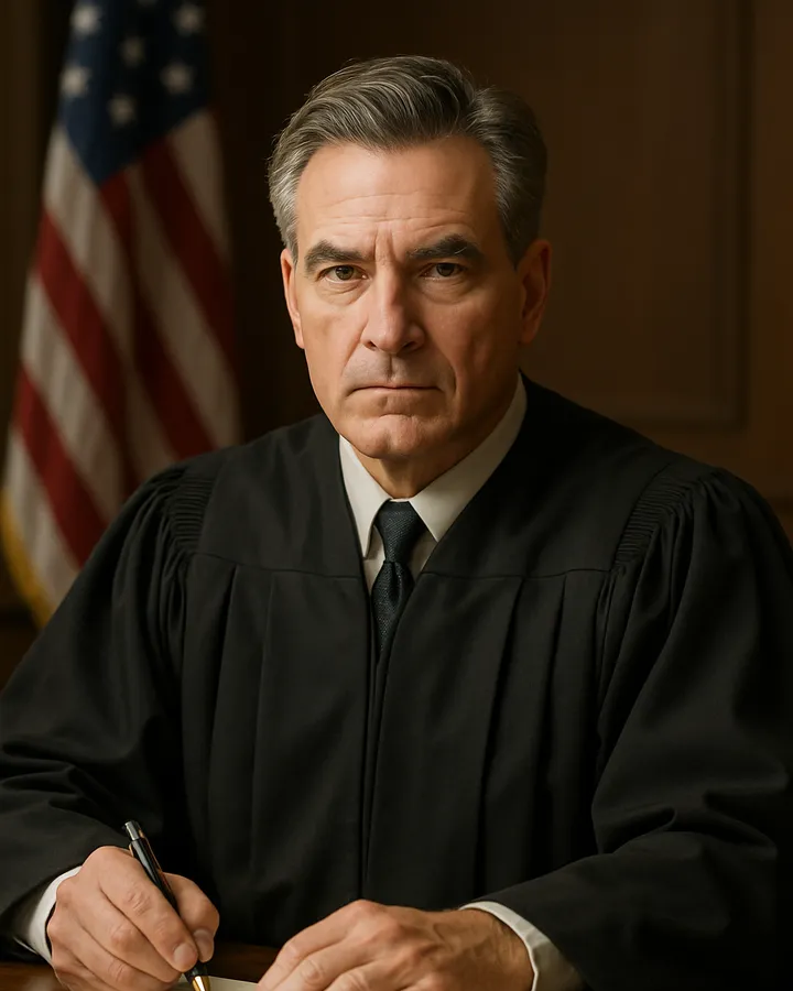 A judge in black robes seated at the bench, writing on a legal pad, a flag behind him.