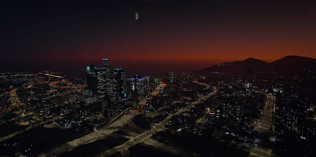 The Los Santos skyline at night, seen from the hills