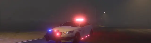 A patrol sedan with its light bar lit on a foggy night road