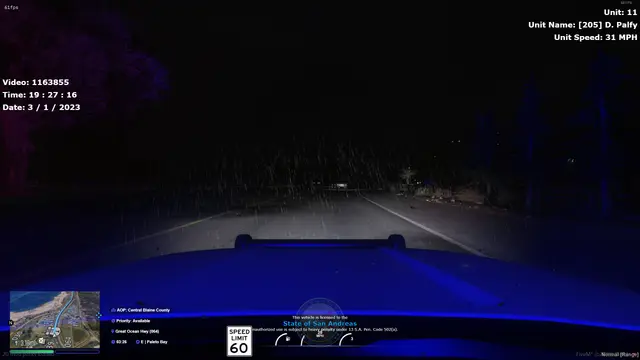 The view from a patrol car at night, mobile data terminal glowing on the dash