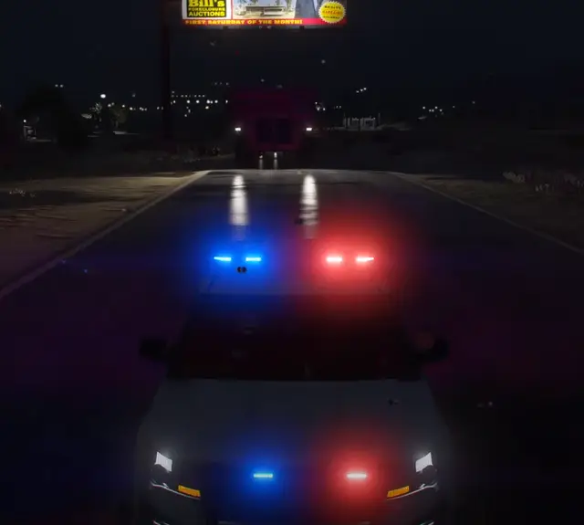 Two patrol units facing the camera on a dark road, light bars lit