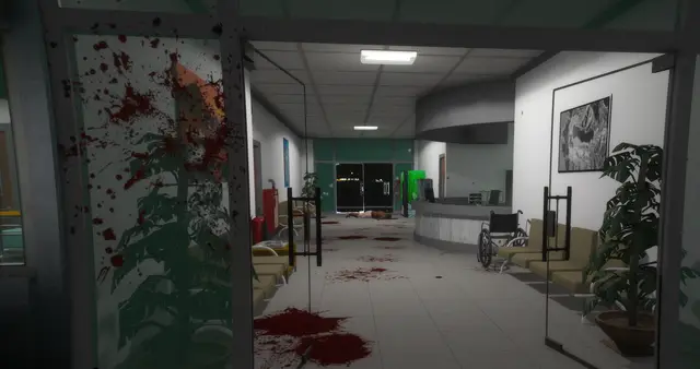 The inside of a building after a violent incident, blood on the walls