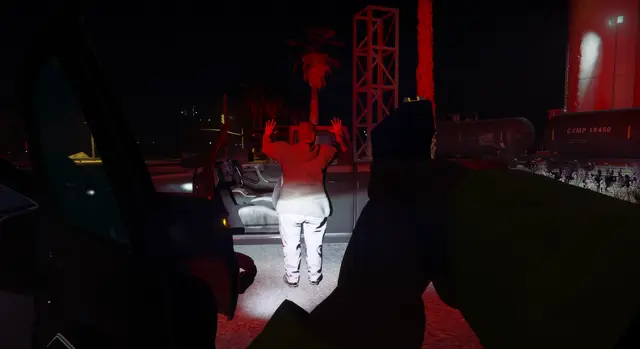 A first-person view of an officer covering two people at a night scene