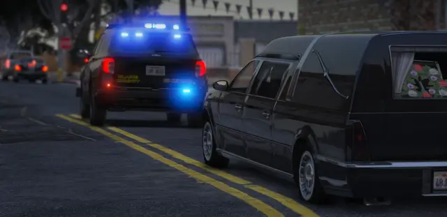 Patrol units escorting a limousine through the city