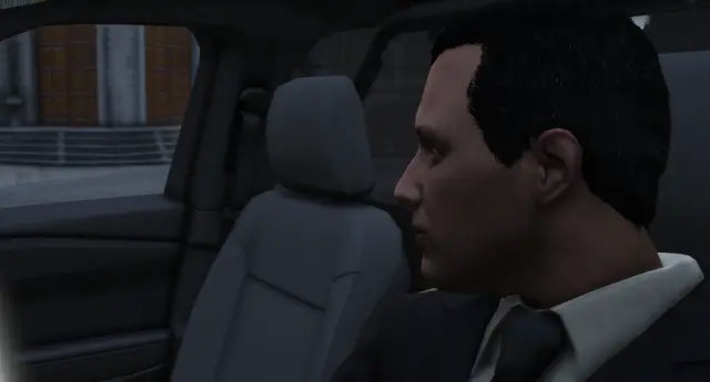 A character sitting in the passenger seat of a vehicle