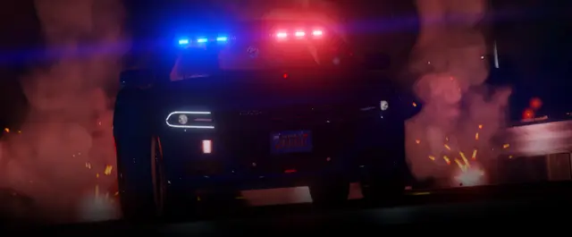 The rear of a patrol car at night, emergency lights lit