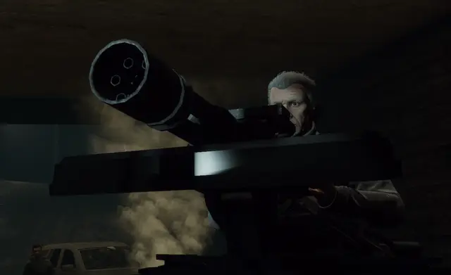 A close view of a heavy weapon with a character behind it