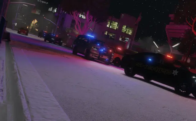 Patrol units working a snowy town street after dark