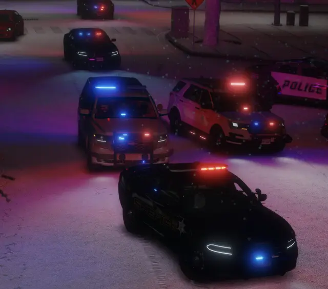 Several patrol vehicles at a scene in the snow