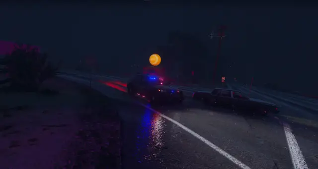 A flare burning on a dark road beside a patrol light