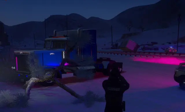 Responders at a roadside scene at dusk